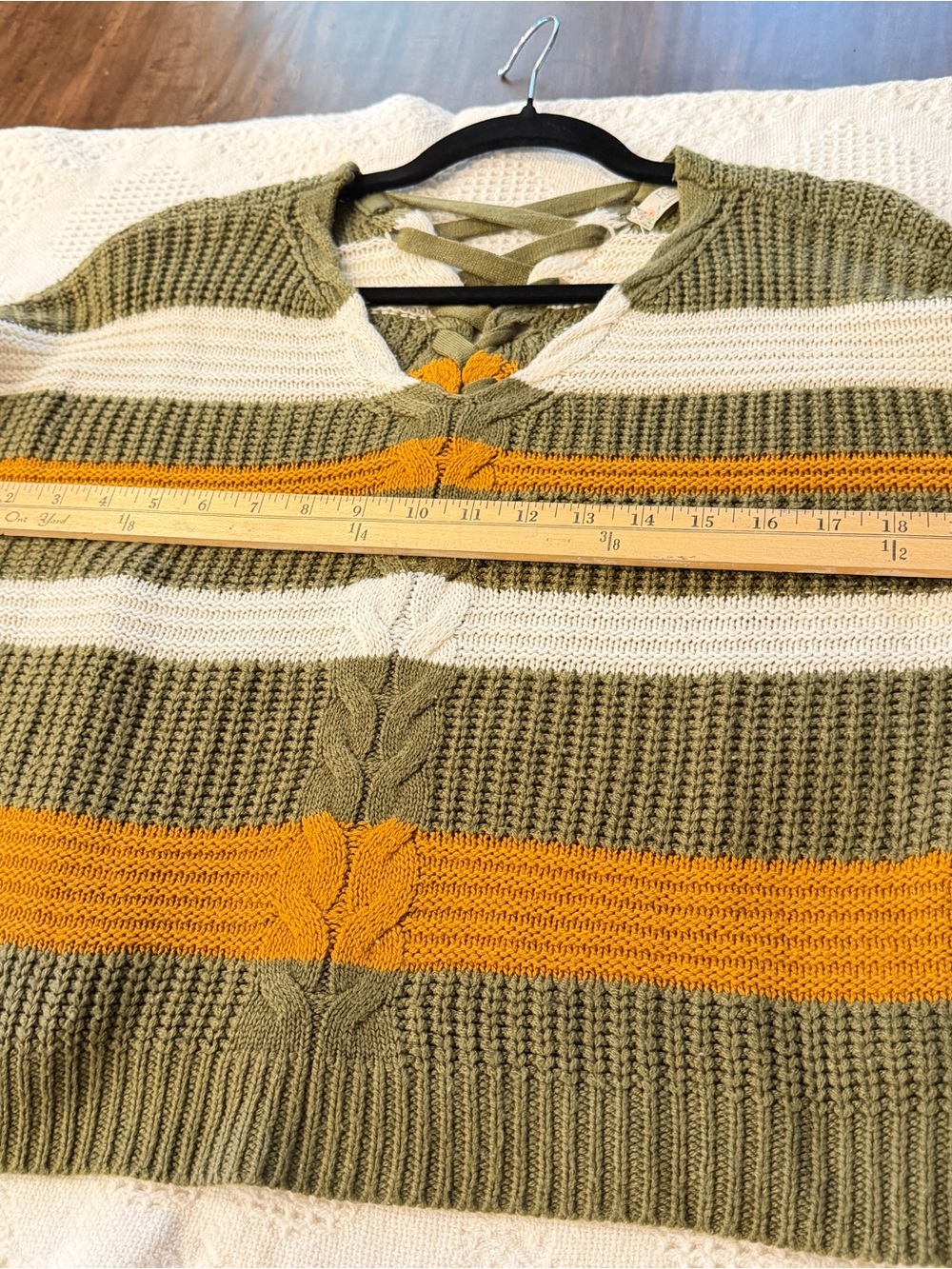 FCT with Love Striped Sweater Medium Olive Mustard Cream V-Neck Boho - Picture 6 of 8